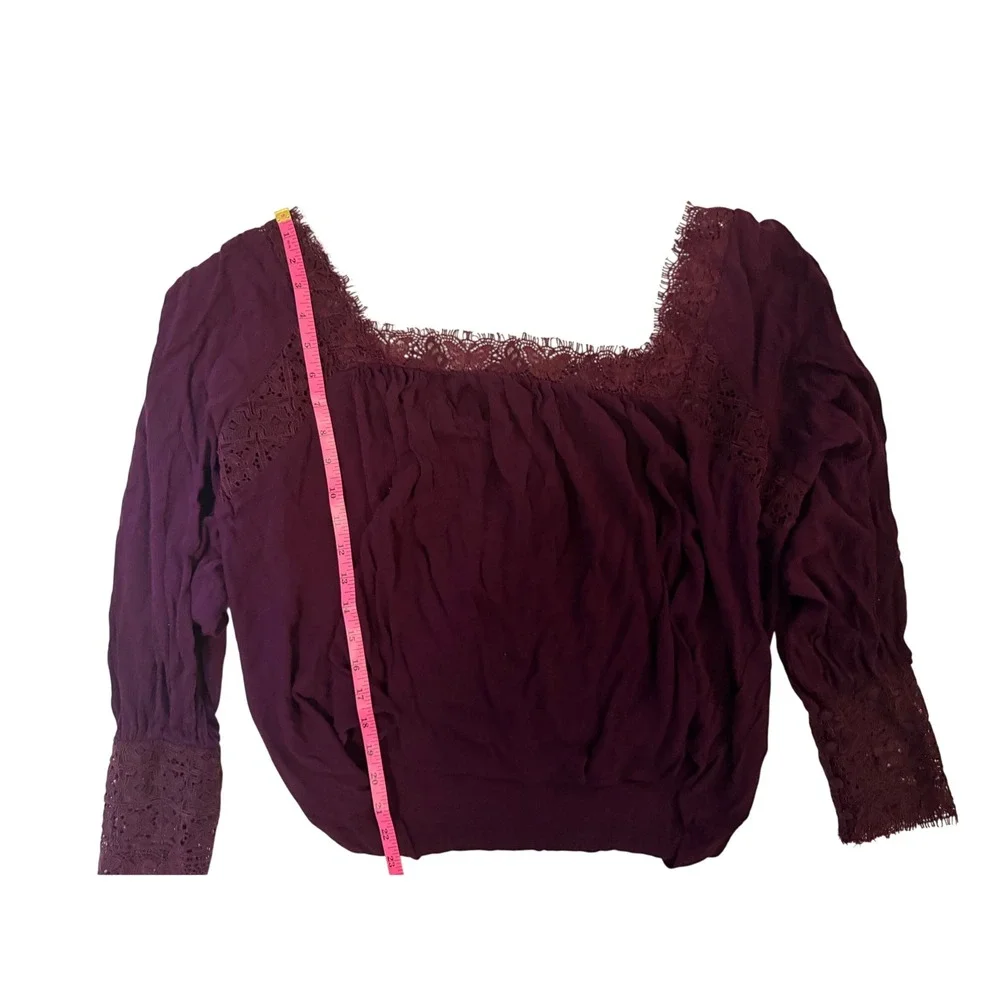 Free‎ People Plum Purple Lace Trim Square Neck Long Sleeve Boho Blouse Small